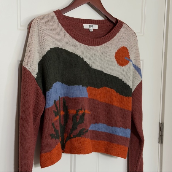 Madden Nyc Sweaters - Earthy Landscape Scene Crop Sweater